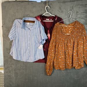 Lot of three tops women’s XL preppy stripe Boho floral whimsy Goth sheer